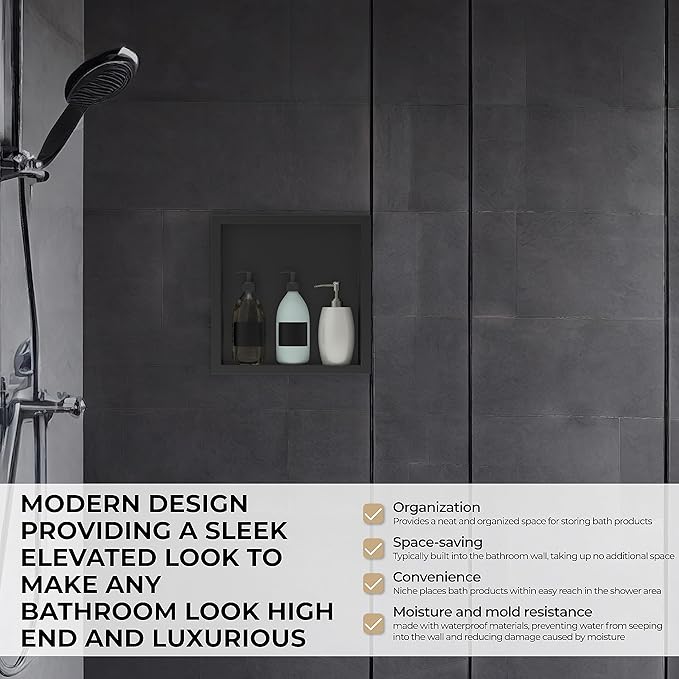 12"x12" Shower Niche Matte black stainless steel waterproof recessed wall mounted Insert Storage Shower caddy with a 10.5"x10.5" inside storage usage, no tile needed
