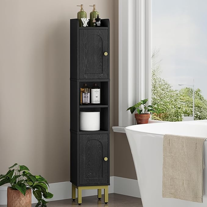 Slim Bathroom Storage Cabinet, Narrow Bathroom Organizers and Storage with 4 Adjustable Feet, Laundry Room Organization for Small Space, Kitchen, Living Room, 2 Doors Black BC22404G