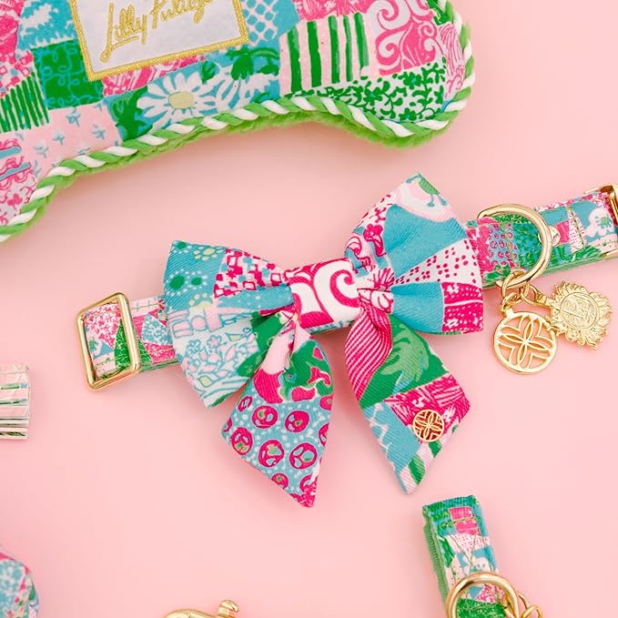Lilly Pulitzer Pet Bow, Dog Bow Tie with Gold Logo Emblem, Elastic Collar Attachment, Durable Polyester, Easy to Clean, Stylish Pet Accessory (Crazy Quilt Home)