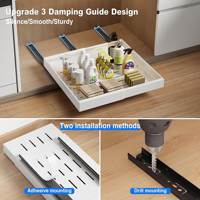 2 Pack Pull Out Cabinet Organizer Expandable, 21"Deep Slide Out Drawer for Cabinets Adhesive Pull Out Drawers Heavy Duty Pull Out Shelves for Kitchen, Cupboard, Pantry, Bathroom(White)