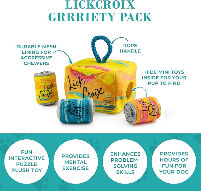 Haute Diggity Dog LickCroix Grrriety Pack, Plush Designer Dog Toys with Interactive Squeaker, Stimulating Pet Enrichment, Machine-Washable & Safe Materials for All Breeds, One Size