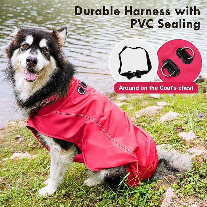 Outdoor Waterproof Dog Jacket for Extra Large Dogs,Doggie Coats with Harness Buitl in D-Ring Warm Fleece Dog Clothes for Cold Winter,Red 5XL