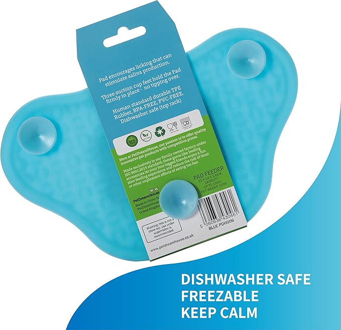 PetDreamHouse Lick Paw Pad & Slow Feeder for Dogs, Anti-Boredom, Distraction Mat, Reduces Anxiety w/Stress-Relief Stimulating Licking, Suction Cups on Back, Ideal for Puppies, Dogs & Cats, Blue