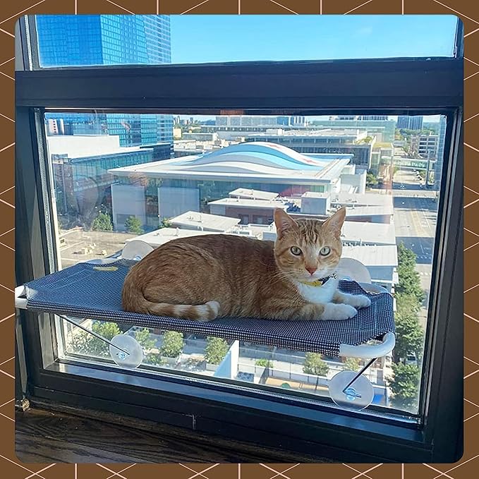 Cat Window Perch with 360° Sunbath, Hammock Bed for Indoor Cats, Grey Comfortable Seat for Sunbathing, Easy to Install on Any Window (Large)