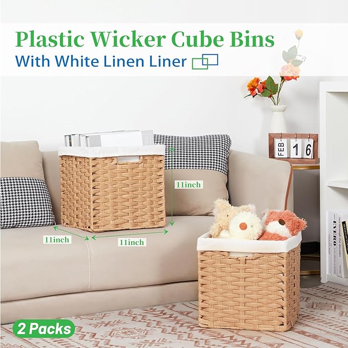 Bidtakay Wicker Storage Baskets with Liners 11x11 Storage Cube Bins Woven Basket with Imitation Water Hyacinth 2-Pack Waterproof Woven Storage Bins for Organizing Rattan Baskets Organizer-Natural