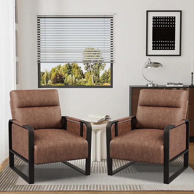 Modern PU Leather Accent Chairs Set of 2 Upholstered Armchairs with Tray Table Leisure Side Chairs for Living Room Bedroom Office Dark Brown