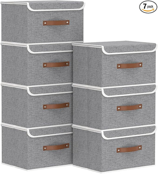 Yawinhe Collapsible Storage Boxes, Foldable Bin with Lids, Cube Clothes Organizer Basket with Handles, Grey, 13.0''Lx9.0''Wx7.9''H, 7-Pack, SNK024GS-7