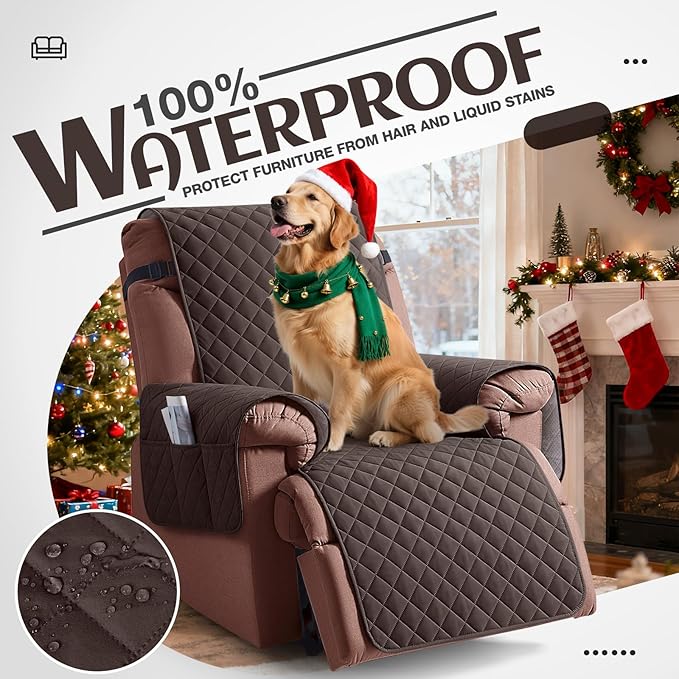 KinCam 100% Waterproof Recliner Chair Cover, Reclining Couch Covers for Pets, Dogs, Recliner Couch Slipcover Furniture Protector with Elastic Straps for Kids(30", Chocolate)
