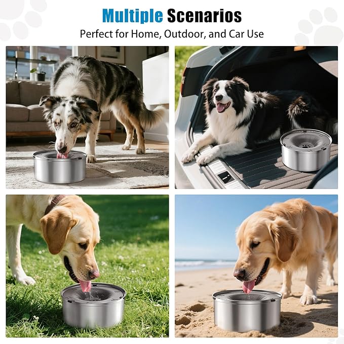 No-Spill Dog Water Bowl — 3L Stainless Steel, Floating Disk, Anti-Splash (Gray)