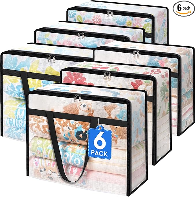 6 Pack Clear Storage Bags for Comforter, Clothes & Bedding, Plastic Blanket Storage with Zipper and Handle, Moving Bags, Closet Organizer and Under-Bed Storage (40L)