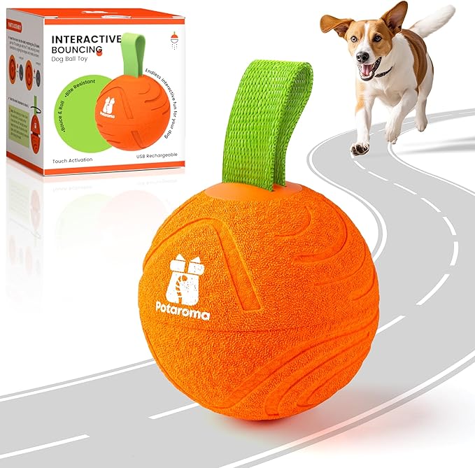 Potaroma Dog Ball Toys with Rope, Interactive Motion Activated 3 Mode USB Bouncing Ball Toys Durable E-TPU Material for Medium/Large Dogs, 3.2"-Not for Aggressive Chewers