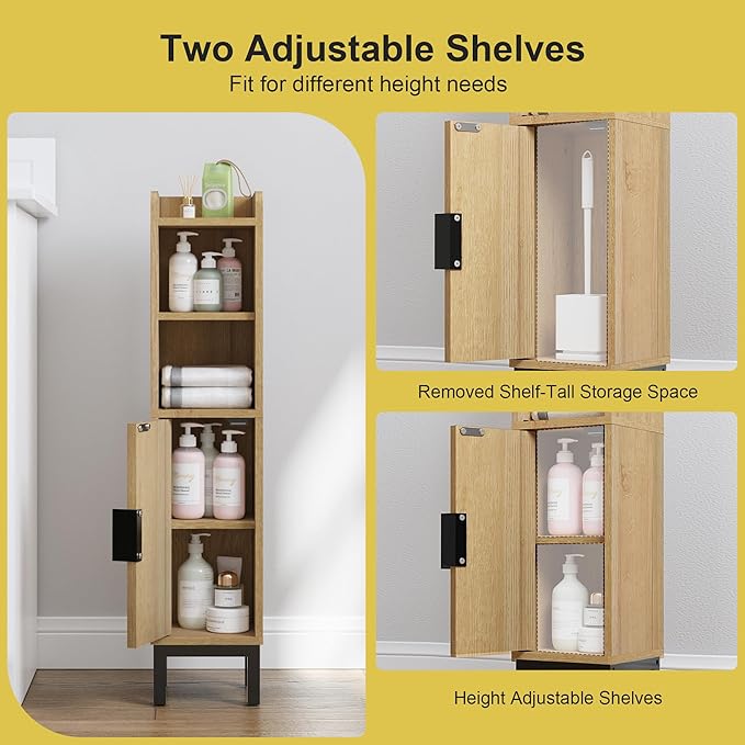 Small Bathroom Storage Cabinet, Corner Narrow Toilet Paper Floor Cabinet with Door and Shelves,Bathroom Organizer with Adjustable Shelf, for Small Spaces (Oak)