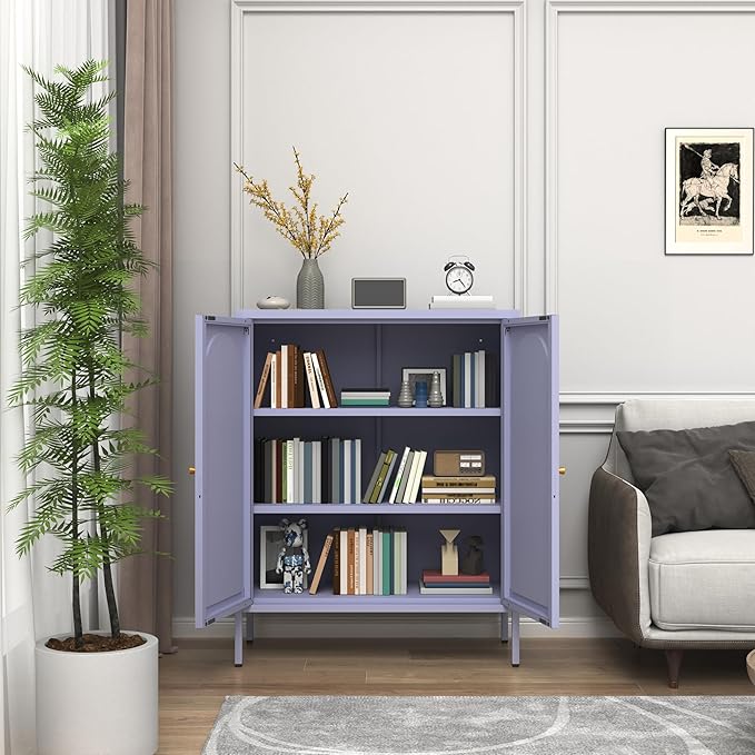 Metal Storage Cabinet with Lock, 2-Door Semi-Circular Steel Door, 2 Adjustable Shelves, Heavy Duty Secure Storage Unit for Home, Office, School, Purple 36" H X 31.5" W X 13.8" D