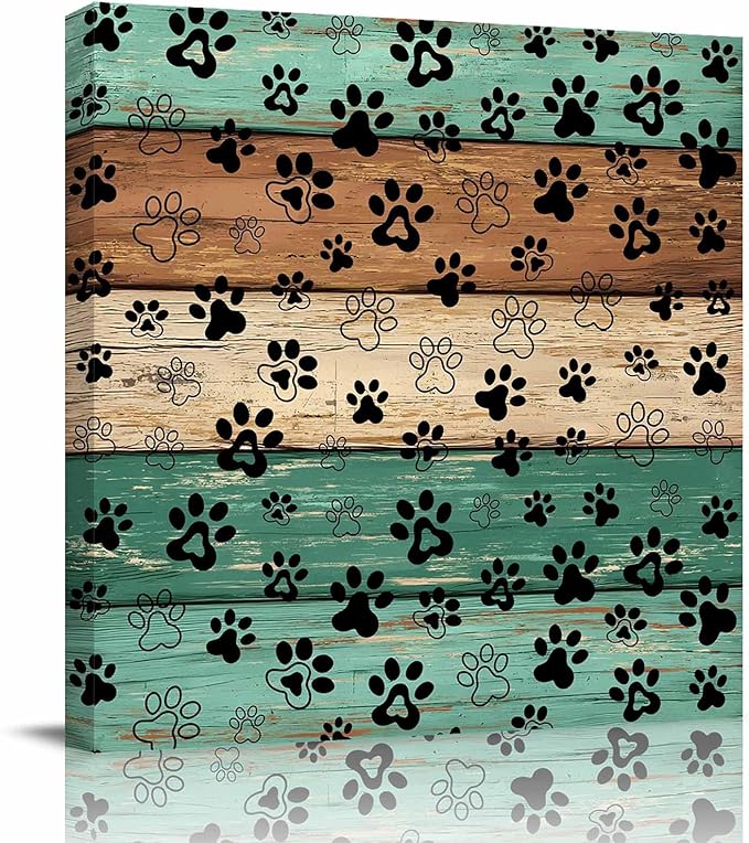 Framed Canvas Wall Art for Living Room Dog Paw Print Wall Decor, Retro Brown Sage Green Wood Grain Aesthetic Paintings for Bedroom Office Kitchen Bathroom, Ready to Hang Wall Pictures 24x24 Inch