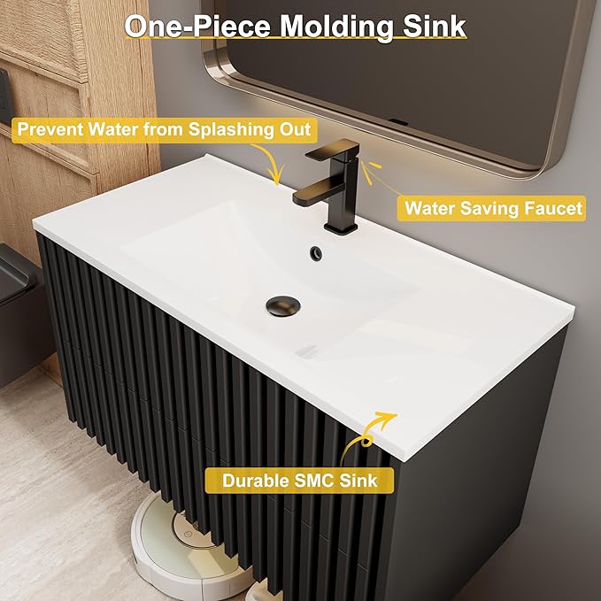 eclife 36" Floating Bathroom Vanity with Sink Combo, Modern Wall Mounted Cabinet with 2 Fluted Drawers, Undermount Sink, Faucet, Drain, Black