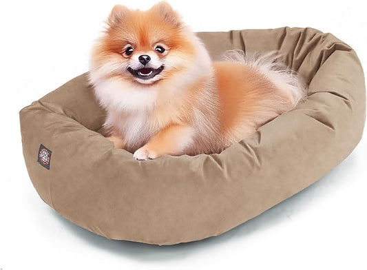 Majestic Pet 24 Inch Suede Shredded Memory Foam Mix Calming Small Dog Bed Washable 24 x 19 x 7 (Inch) - Cozy Soft Round Donut Dog Bed with Spine for Head Support - Pet Bed Stone