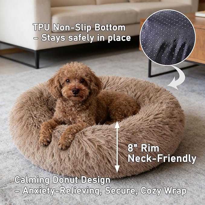 Calming Donut Dog Beds for Small Dogs Kitten - Washable Removable Cover Non-Slip Bottom, Round Pet Bed Puppy Bed Warming Fluffy Faux Fur Anti-Anxiety, Fits up to 15 lbs (Camel, 20")