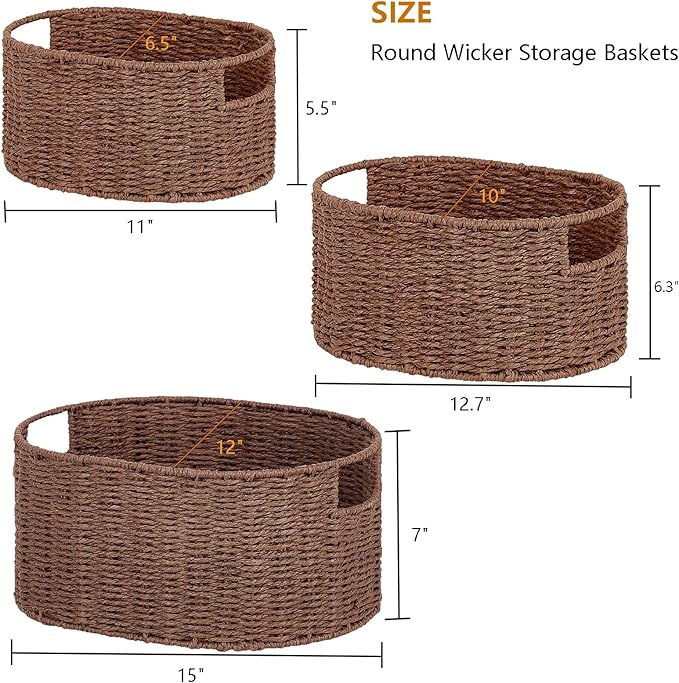 Vagusicc Wicker Storage Basket, Set of 3 Hand-woven Storage Baskets for Organizing, Round Large Wicker Baskets for Storage Decor, Pantry Storage Cubes Organization Baskets for Shelves, Brown