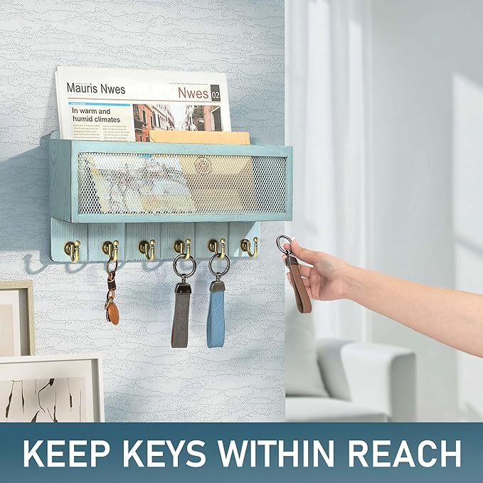 Rebee Vision Pine Wood Key Holder Wall Mount – Key Holder for Wall with Hooks and Mail Basket for Entryway – Home Improvement Gift Wooden Storage Shelf for Keys & Letters (Blue)