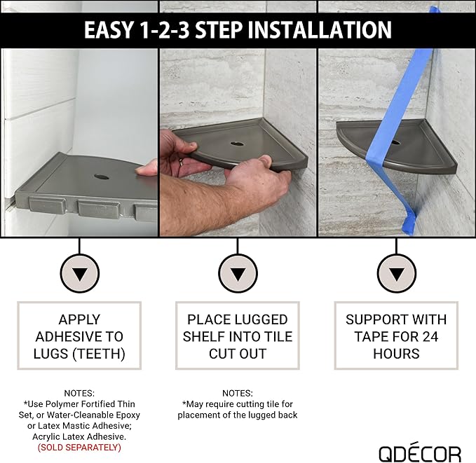 Questech 8" Corner Shower Shelf - Lugged for New Construction, Shower Organizer for Tiled Walls, Corner Caddy Soap Dish Bathroom Storage, Metro Lugged, Brushed Nickel Finish