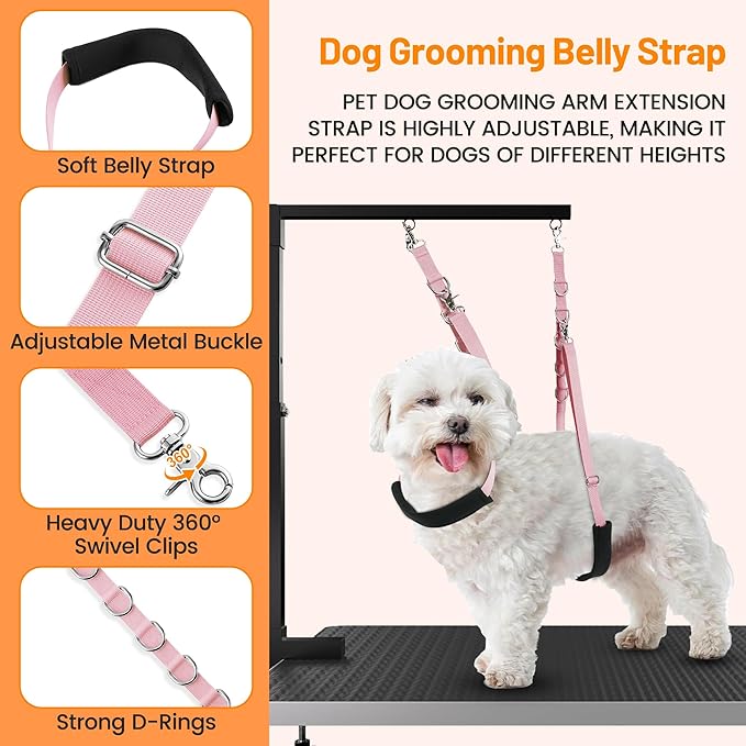 Dog Grooming Belly Strap - Dog Grooming Table Arm Extender with Clamp Extension Loop Bathing Restraint Leash No Sit Haunch Holder for Small & Medium Dogs Hair Cutting Washing (Pink)