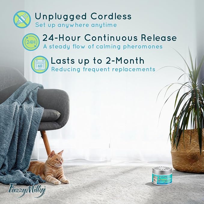 Cat Pheromone Calming Diffuser Gel, Fuzzymilky Unplugged Cordless Cat Calming, Anxiety Relief, Lasting 2 Months, Adjustable for Home,Car Travel, Scratching,Urine Marking(120 ml, 4.1 fl oz) (SymFloral)