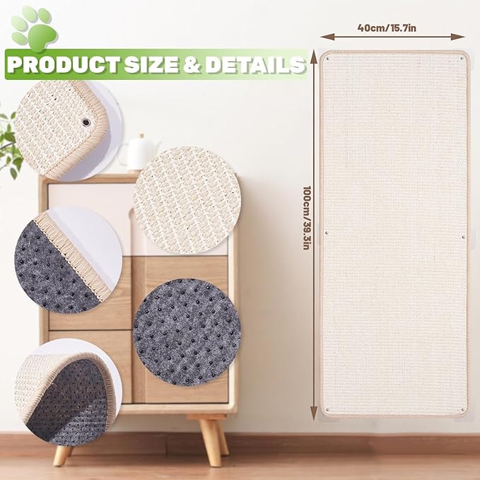 Natural Sisal Cat Scratcher Mat, Wall Scratcher Carpet, Cat Climbing Wall, Large Tall Scratching Post, Sofa Protector, Scratching Mat Pad for Indoor Cats (White, 39.3" Lx15.7 W, 2PCS)