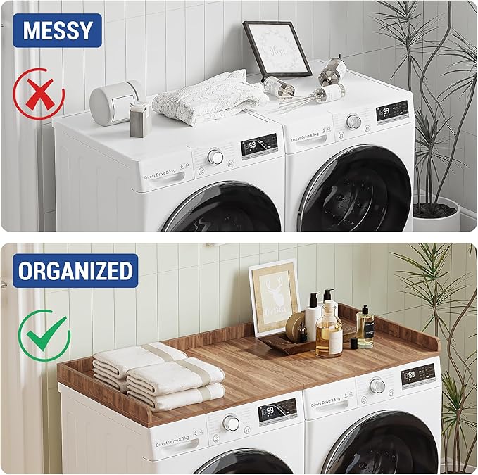 Washer Dryer Countertop,27.5" x 54" Wood Topper for Laundry Room Organization，Laundry Countertop Over Washer and Dryer,with Edge Rails,Non-Slip Mat,Easy to Assemble