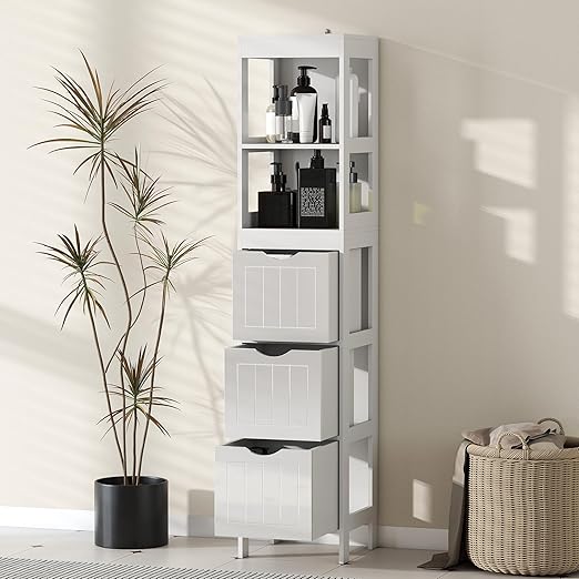 HOMCOM Narrow Bathroom Storage Cabinet, Bathroom Floor Cabinet with 3 Drawers & 2 Open Shelves, Freestanding Slim Storage Organizer for Small Spaces, White
