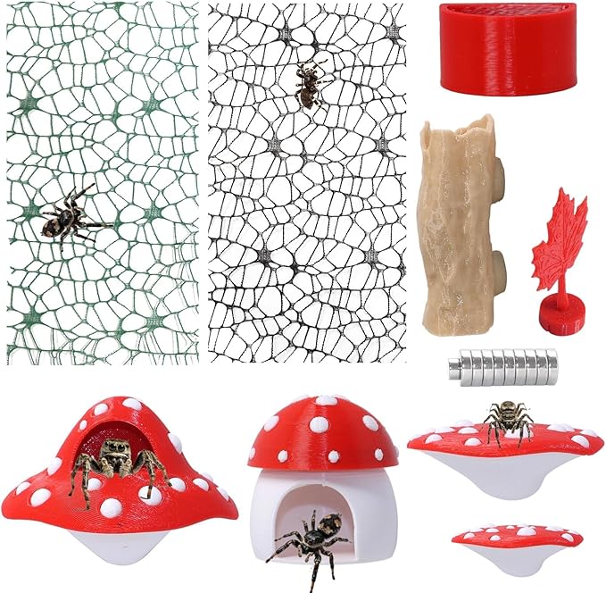 9 Pcs 3D Jumping Spider Enclosure Accessories Set, Red Magnetic Jumping Spider Mushroom Platforms, Climbing Net Trunk Hideouts for Small Pets Terrarium Decor
