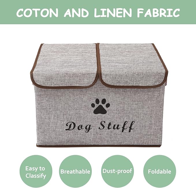 Geyecete Large Storage Boxes - Large Linen Fabric Foldable Storage Cubes Bin Box Containers with Lid and Handles for Dog Apparel & Accessories, Dog Coats, Dog Toys, Dog Clothing(Grey)