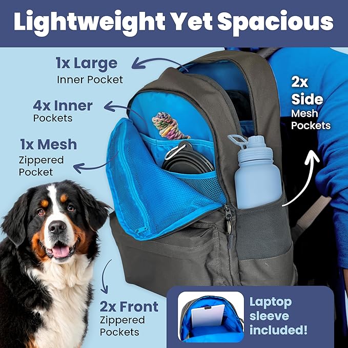 Dog Travel Bag for Supplies - Complete Doggy Diaper Bag Backpack - Ideal Gift for Dog Lovers, Doggy Moms & Dads for Christmas - Laptop Sleeve, 2 BPA-Free Bowls, Food Container, Treat Pouch: Dk Grey