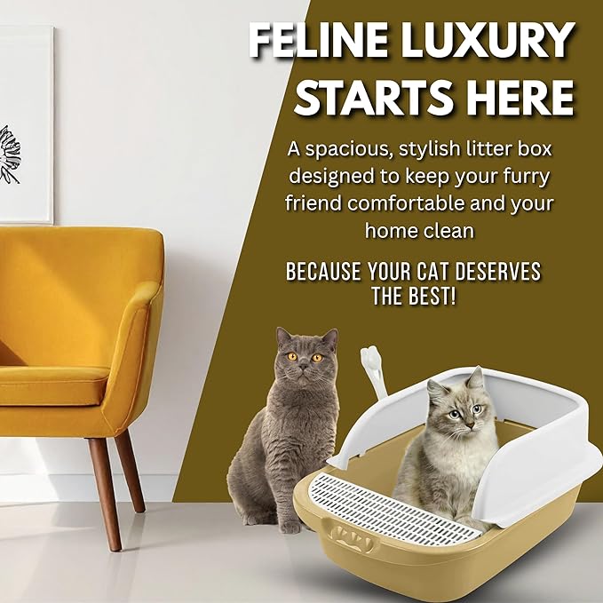 Large Open-Top Cat Litter Box with High Sides, Enclosed Scatter Shield Design, Easy Clean Plastic Litter Pan, Includes Scoop (Pale Beige)