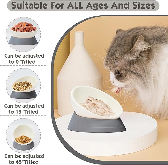 French Bulldog Food Bowl- Slanted Tilted Pug Food Water Bowl,Cat Bowl- Feeder for Frenchie/Shih Tzu/Flat Faced Small Dogs/Puppies/Cats (Grey, 2 Cup)