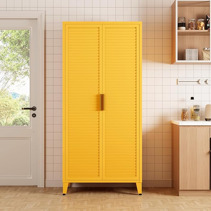 Pantry Cabinet with 3 Adjustable Shelves, 4-Tier Freestanding Kitchen Storage Organizer, Multi-Function Storage Unit for Kitchen, Living Room, Home, Yellow 61" H X 27.6" W X 13.8" D
