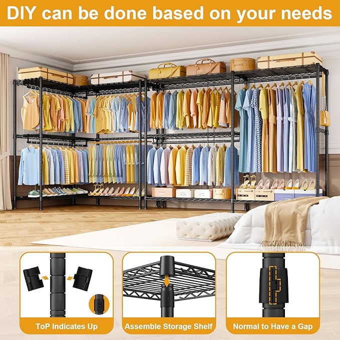 E15 Plus Garment Rack L Shaped Clothes Rack for Corner，Freestanding Clothing Racks for Hanging Clothes，Heavy Duty Closet System with 4 Hanging Rods & 8 S Hooks，48.5" W x 35" D x 78.4" H，Black