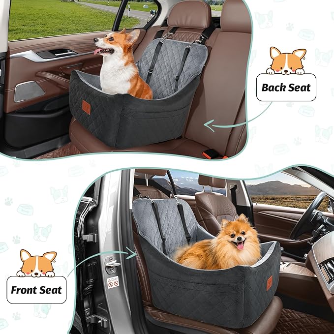 Dog Car Seat for Medium Dogs Up to 40lbs,Fully Detachable and Washable,Memory Foam Covered Soft Fabric,Easy to Install with Adjustable Straps,Anti-Slip Base,2 Side Pockets(Black/Grey,Medium)