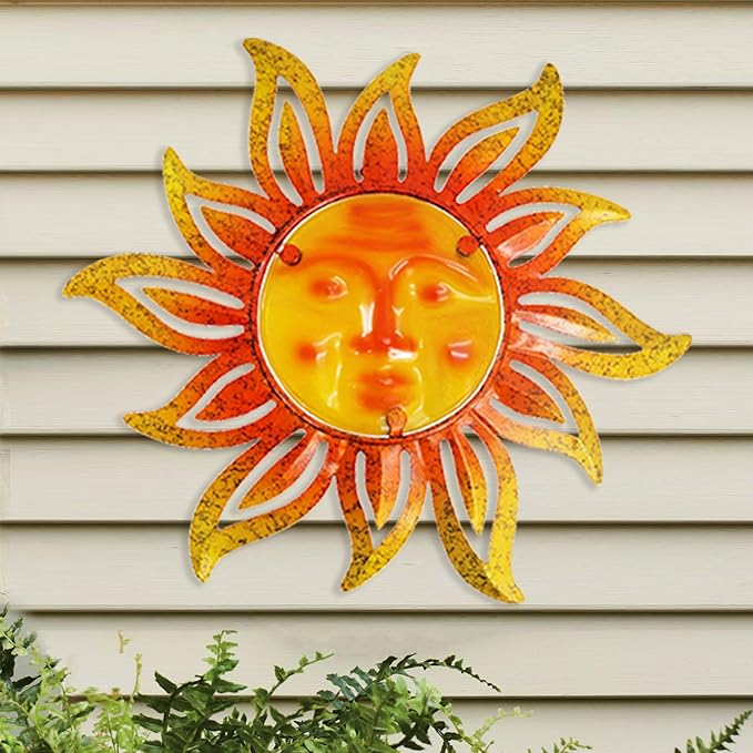 Metal Sun Wall Art Decor,12 Inch Retro Hanging Decor With Glass,Sun Face Outdoor Indoor Wall Decorations For Patio Yard Garden Fence Living Room Bedroom