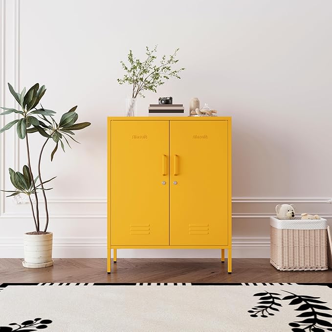 Yellow Heavy Duty Metal Storage Cabinet, Multifunctional Lockable Cabinet with 3 Adjustable Shelves, Secure Industrial Organizer for Home Office School, Easy Assembly, 40" H x 31.5" W x 15" D