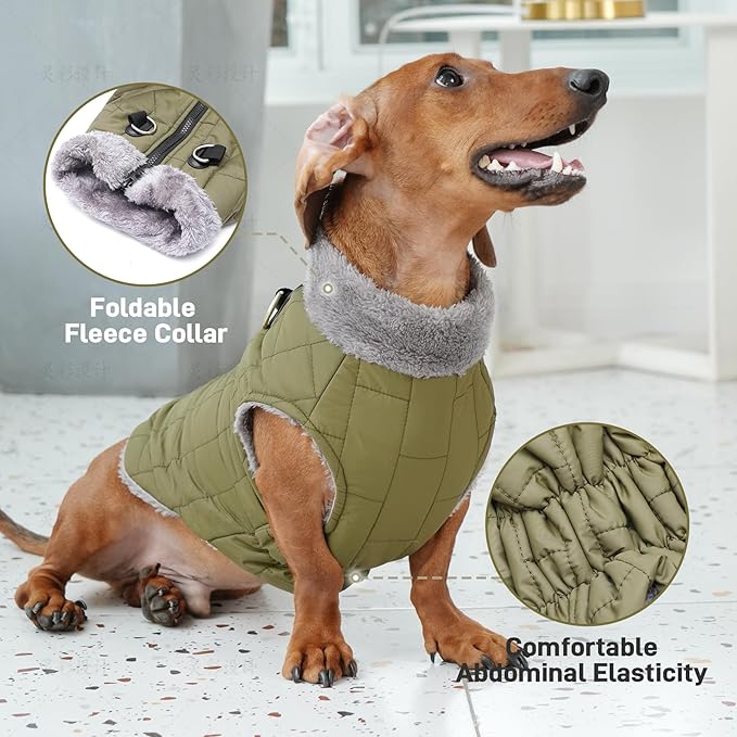 Warm Fleece Dog Coats with Durable Harness Buitl in D-Ring,Waterproof Puppy Jacket for Small Dogs,Dog Vest for Cold Winter,Green M