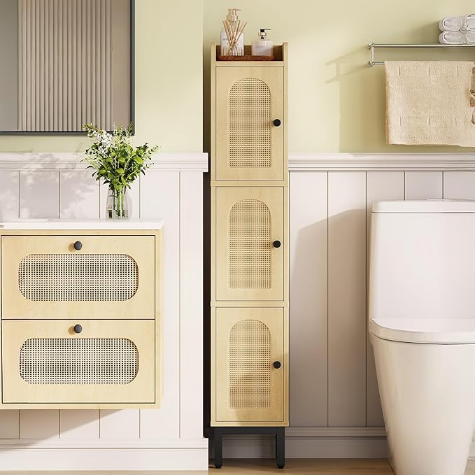 Slim Bathroom Storage Cabinet, Narrow Bathroom Organizers and Storage with 4 Adjustable Feet, Laundry Room Organization for Small Space, Kitchen, Living Room, 3 Doors Rattan Yellow BC22302Y