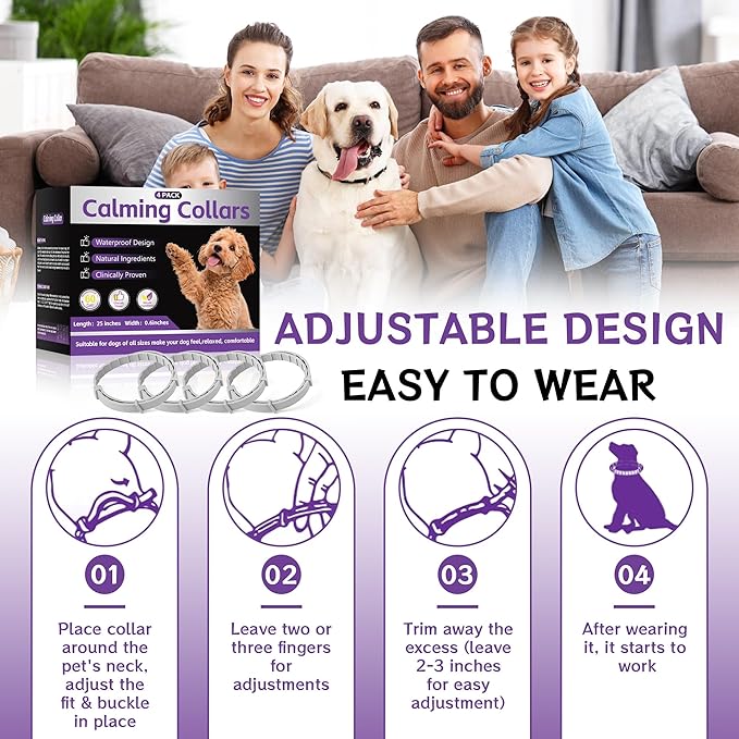 4-Pack Dog Calming Collar with Natural Pheromones | 60-Day Stress & Anxiety Relief for Puppies & Adult Dogs | Waterproof, Adjustable 25-Inch Fit (Grey)