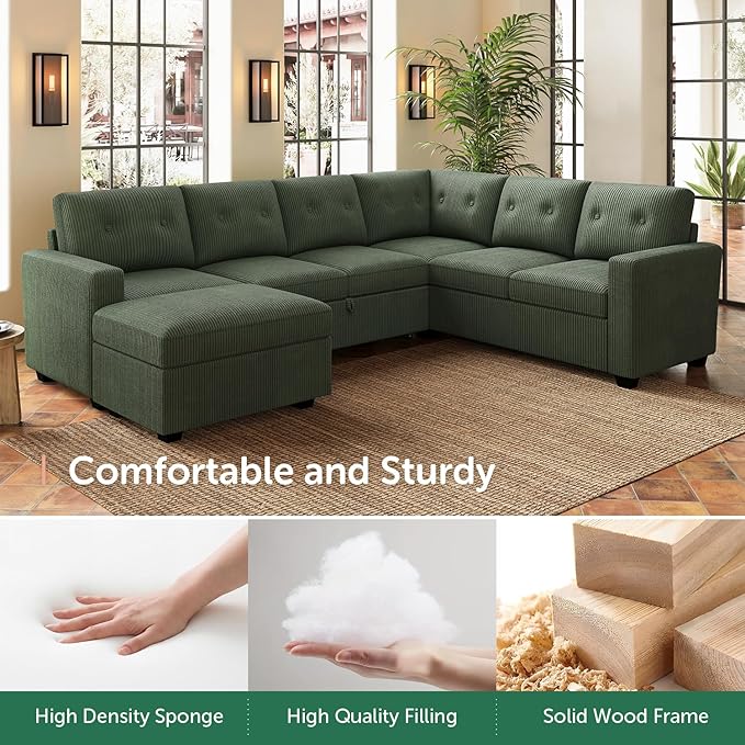 HONBAY 106.2 Inch U-Shaped Sectional Sleeper Sofa with Pull-Out Bed & Storage Ottoman, 7-Seater Sectional Sofa for Living Room, Pet-Resistant Corduroy Couch, Green