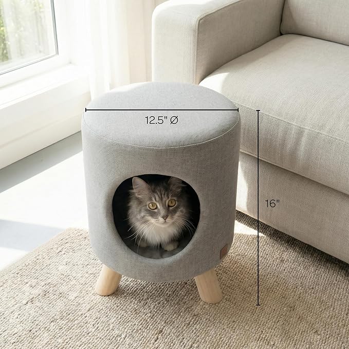 4 Cats & Dogs Wallie Stool - Plush Polyester Pet Stool with Wooden Legs, Cozy Hideaway for Cats & Small Dogs, Multipurpose Footstool & Seat, Modern Minimalist Design for Home & Office - Tan