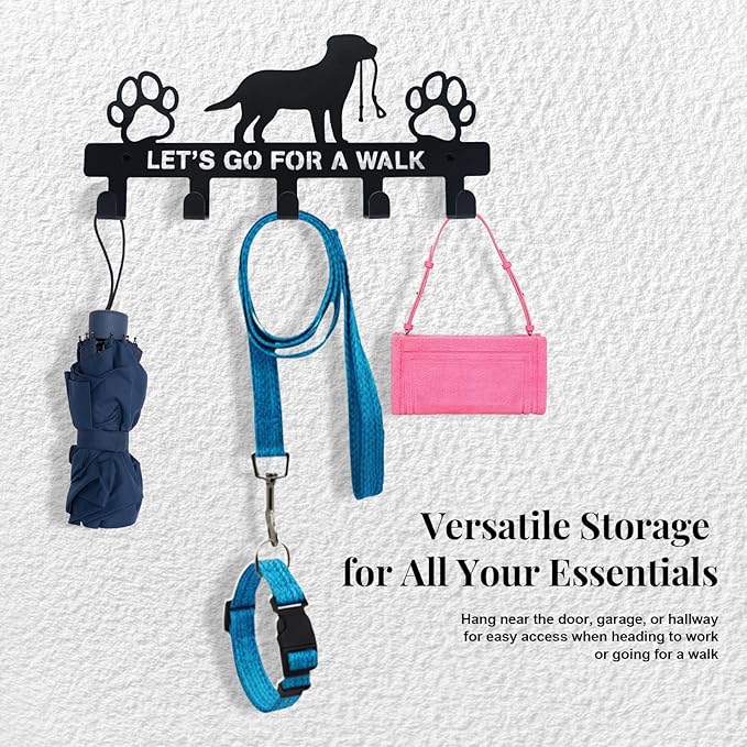 Dog Leash Holder for Wall, Key Holder Mount with 5 Metal Hooks, Pet Leash and Key Organizer, Screw Mounted Rack for Leashes Keys Collars, Entryway Garage Mudroom