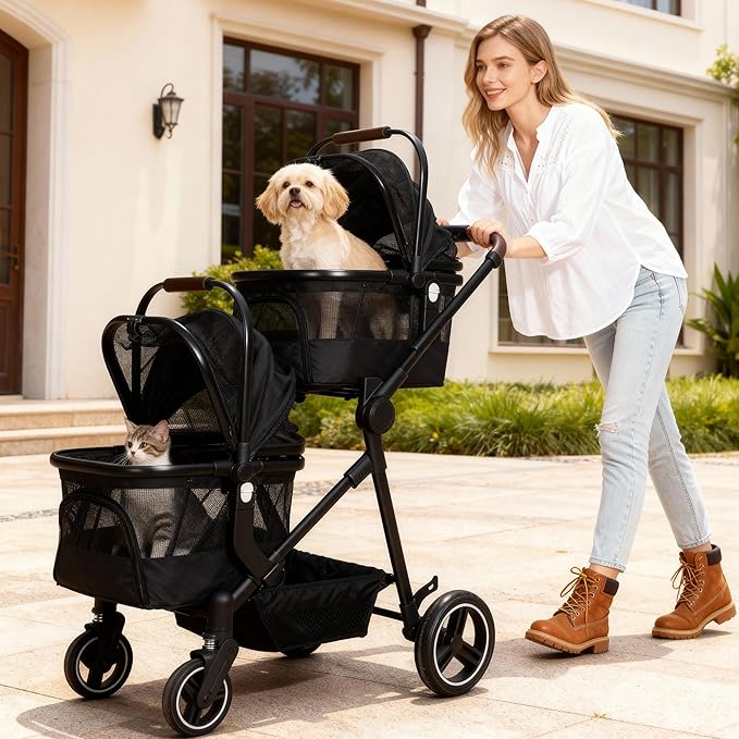 Foldable Double Pet Stroller for 2 Small Medium Cats Dogs, Lightweight Single and Double Integrated Pet Stroller with Detachable Carriers
