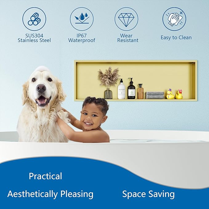 Neodrain Gold Shower Niche 36"x12", Stainless Steel NO Tile Needed Recessed Wall Niche for Bathroom Storage
