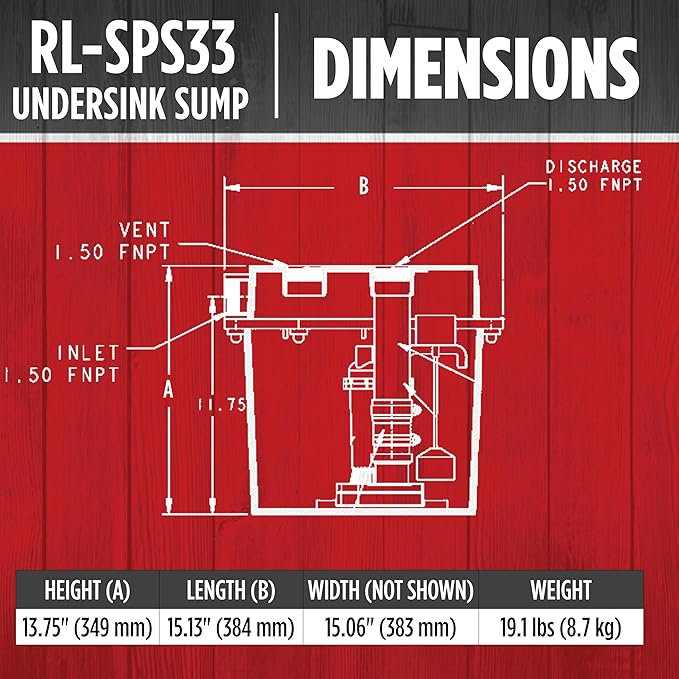 Red Lion RL-SPS33 1/3 HP, 115-Volt, 3200 GPH Under-Sink Sump Pump System with 6 Gallon Basin, Red/Black, 14942736