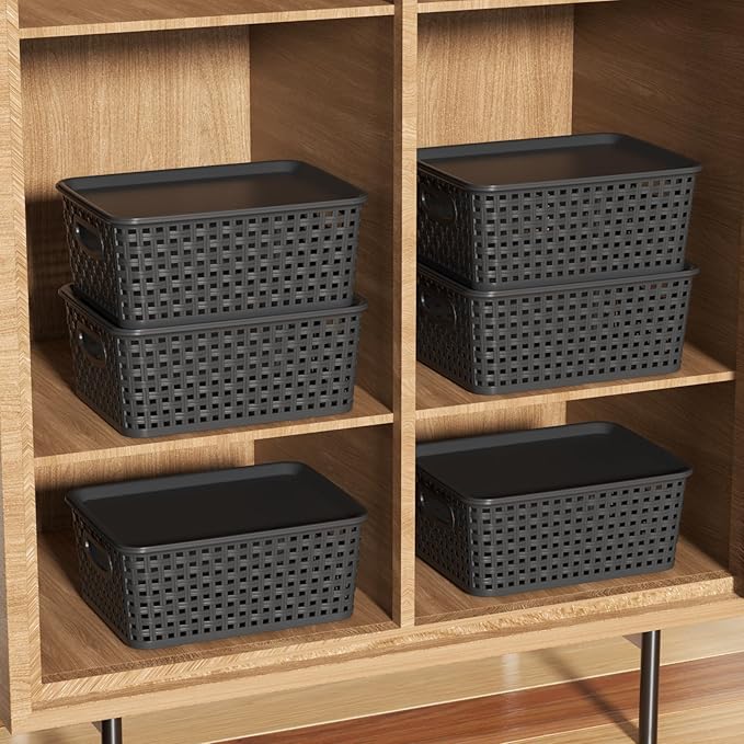 6 Pack Plastic Storage Basket Bins with Lid, Plastic Lidded Storage Bins Shelf Basket for Bathroom, Classroom, Office, Black