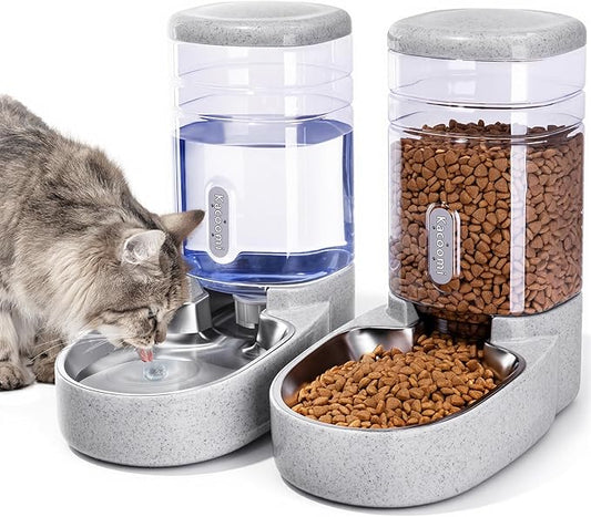 Automatic Cat Feeder and Water Dispenser with Stainless Steel Bowl Gravity Food Feeder and Waterer Set for Small Medium Dog Puppy Kitten 1 Gallon x 2(Grey)